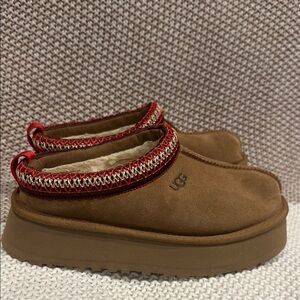 UGG Brown Suede Slip-On Shoes with Red Trim